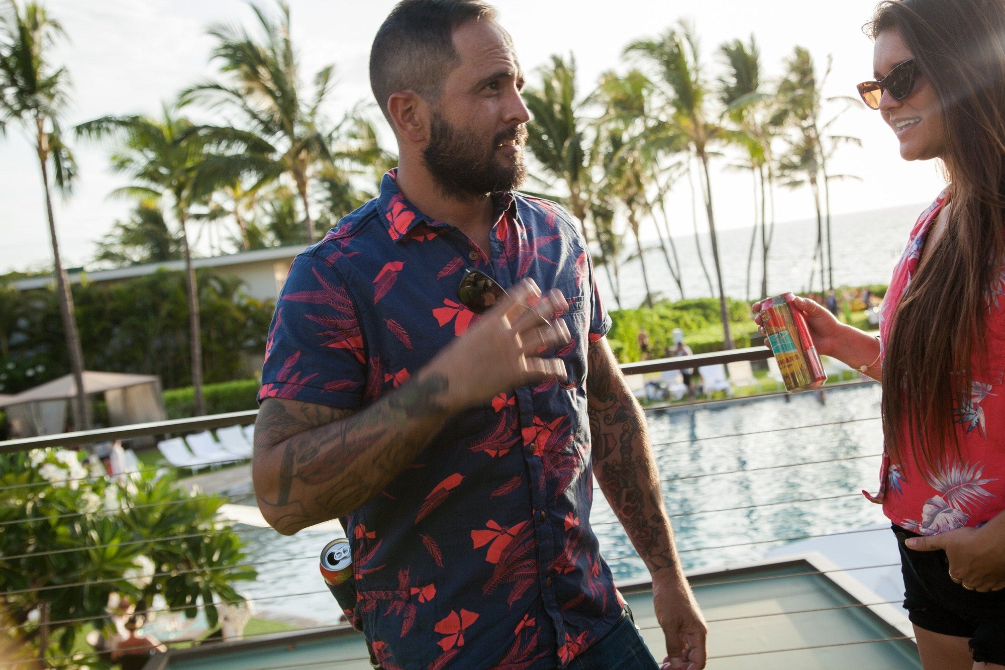 Shop Men's High Water Hawaiian Shirt With Beer Pocket - Vintage Floral Farallon Navy- California Cowboy