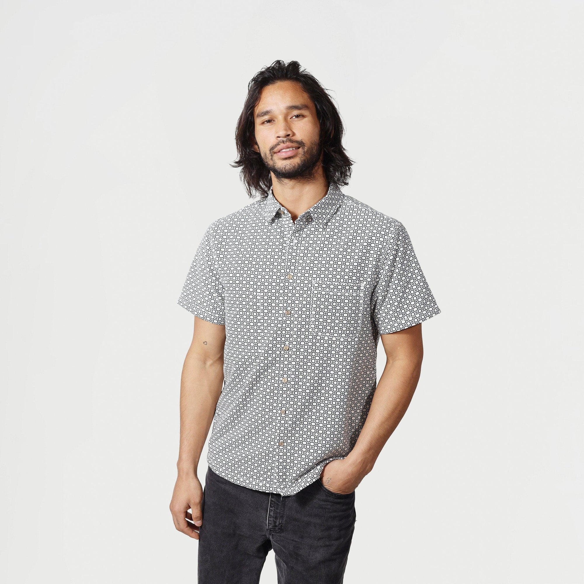 Men’s High Water Shirt - Model -  Cozumel Geo - White Russian (New Fit!) - California Cowboy