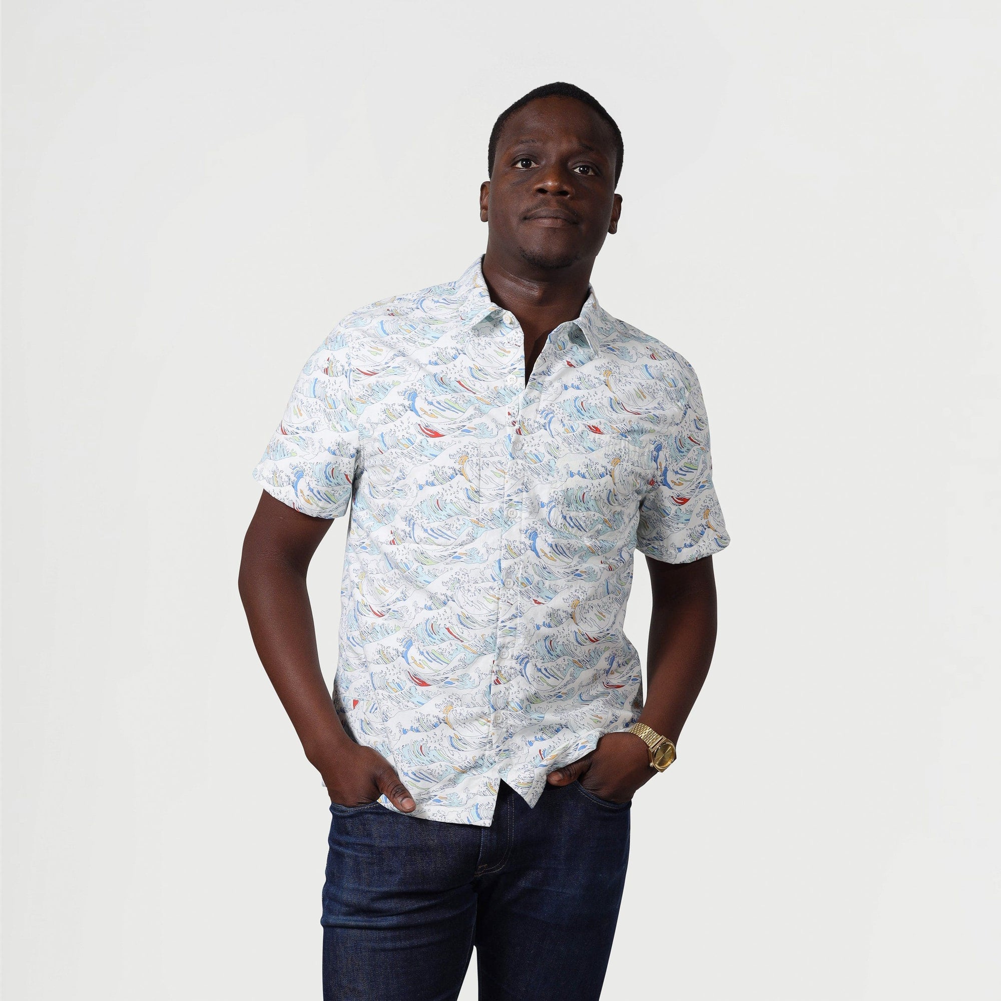 Men’s High Water Shirt - Paint By Numbers Wave, White Sand - Model - California Cowboy