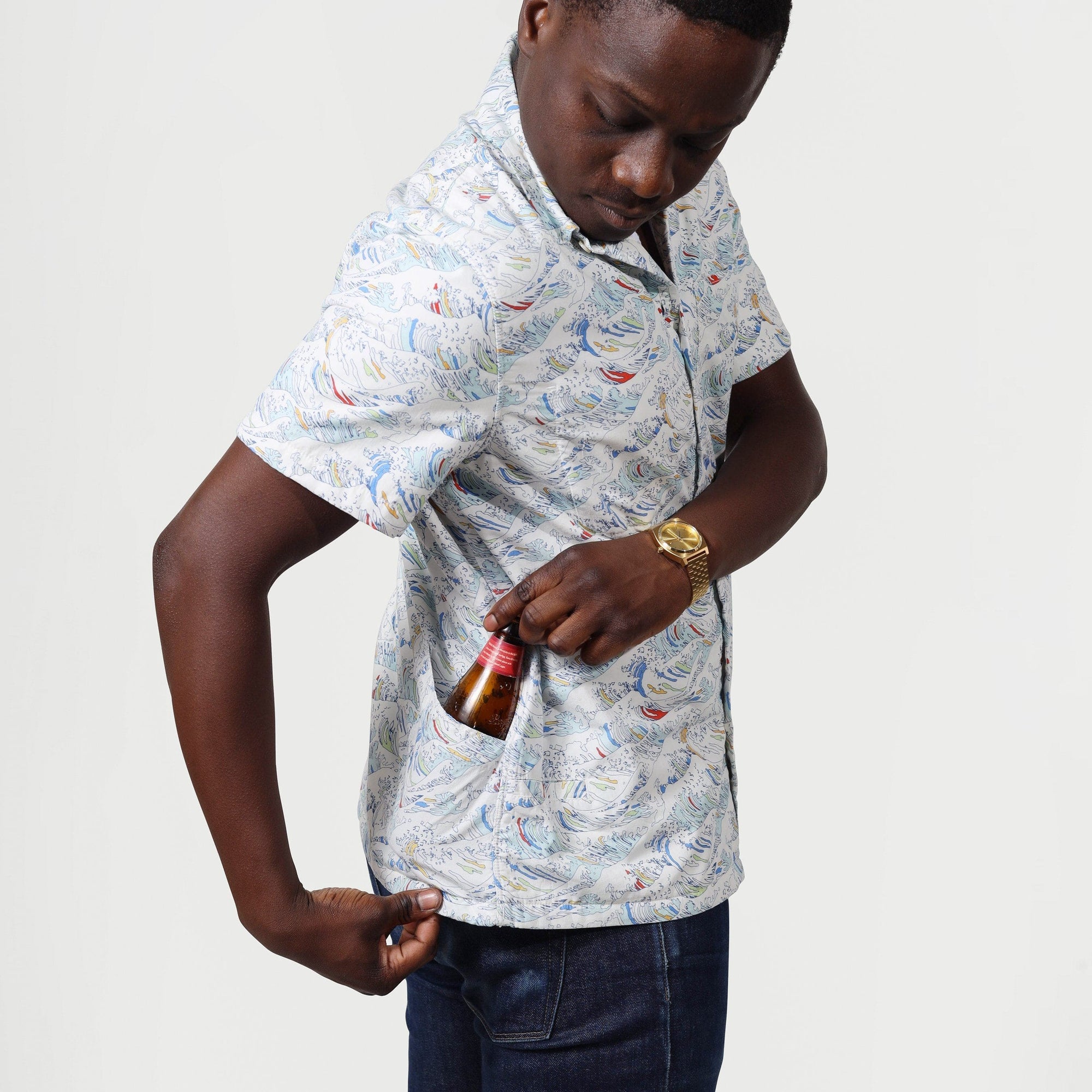 Men’s High Water Shirt - Paint By Numbers Wave, White Sand - Bottle Pocket - Model - California Cowboy