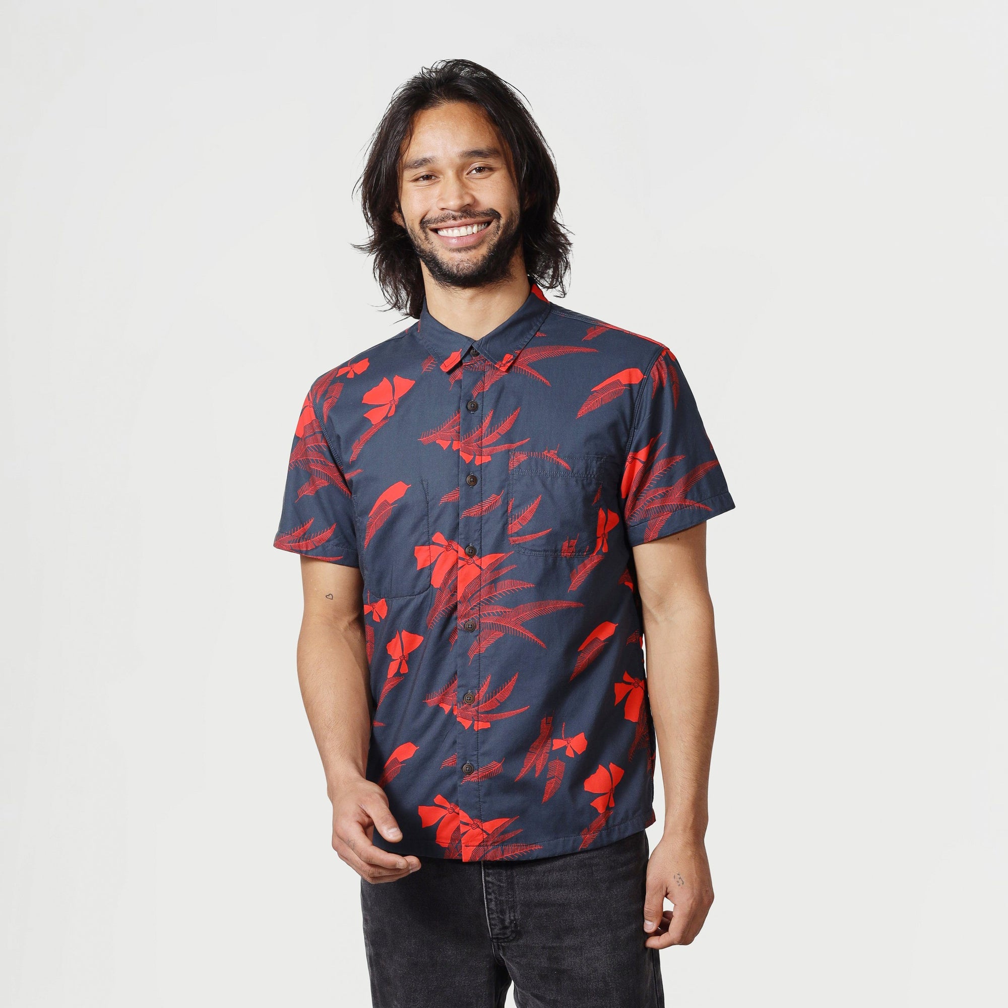 High Water Hawaiian Shirt For Men - Vintage Floral Washed Navy - Terry Cloth Front - Model - California Cowboy