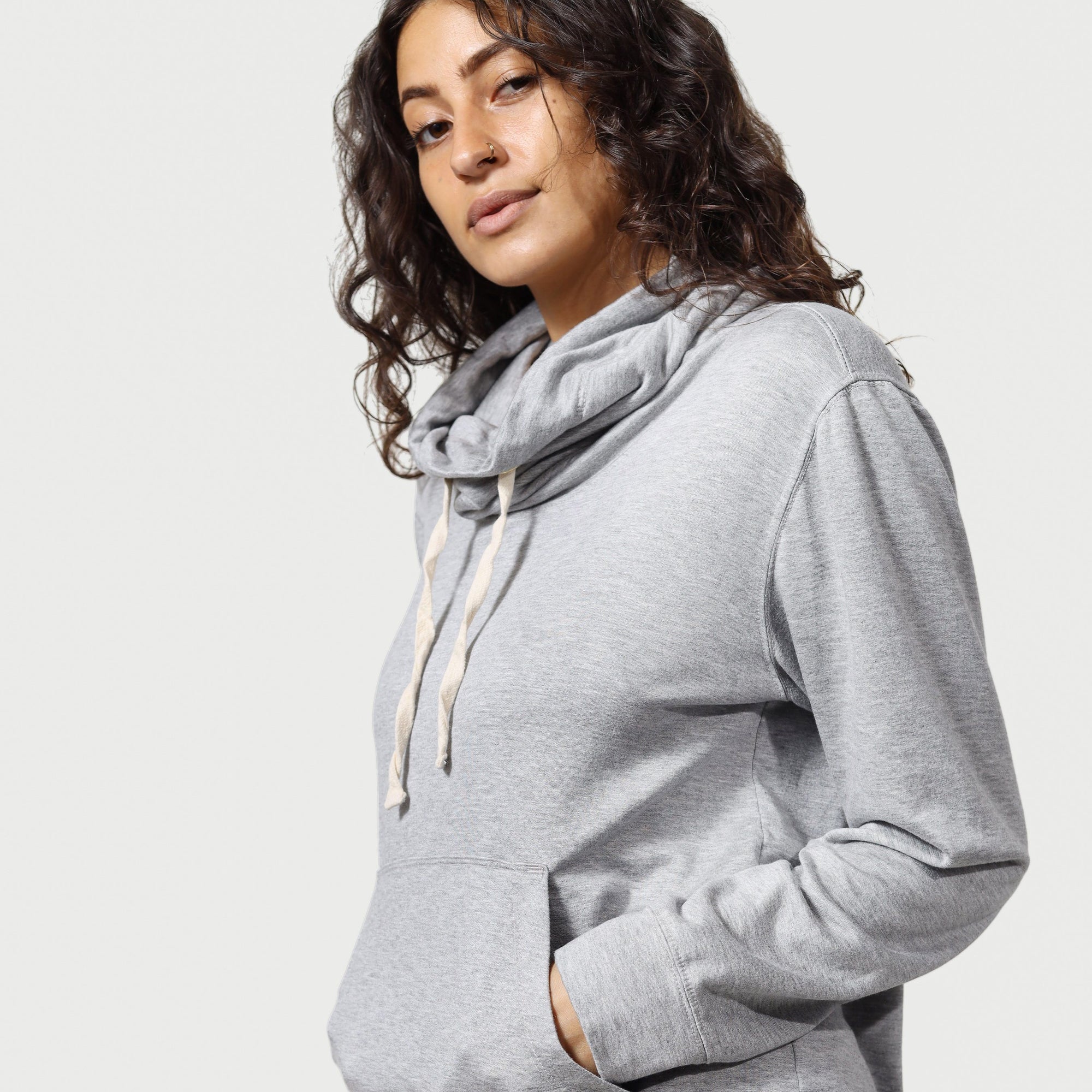 Women’s Wagyu Fleece Cowl Neck Sweatshirt in Grey -  Classic Kangaroo Pocket - Model -  California Cowboy