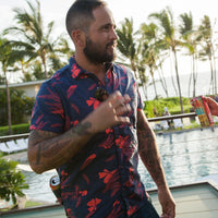 Shop Men's High Water Hawaiian Shirt With Beer Pocket - Vintage Floral Farallon Navy- California Cowboy