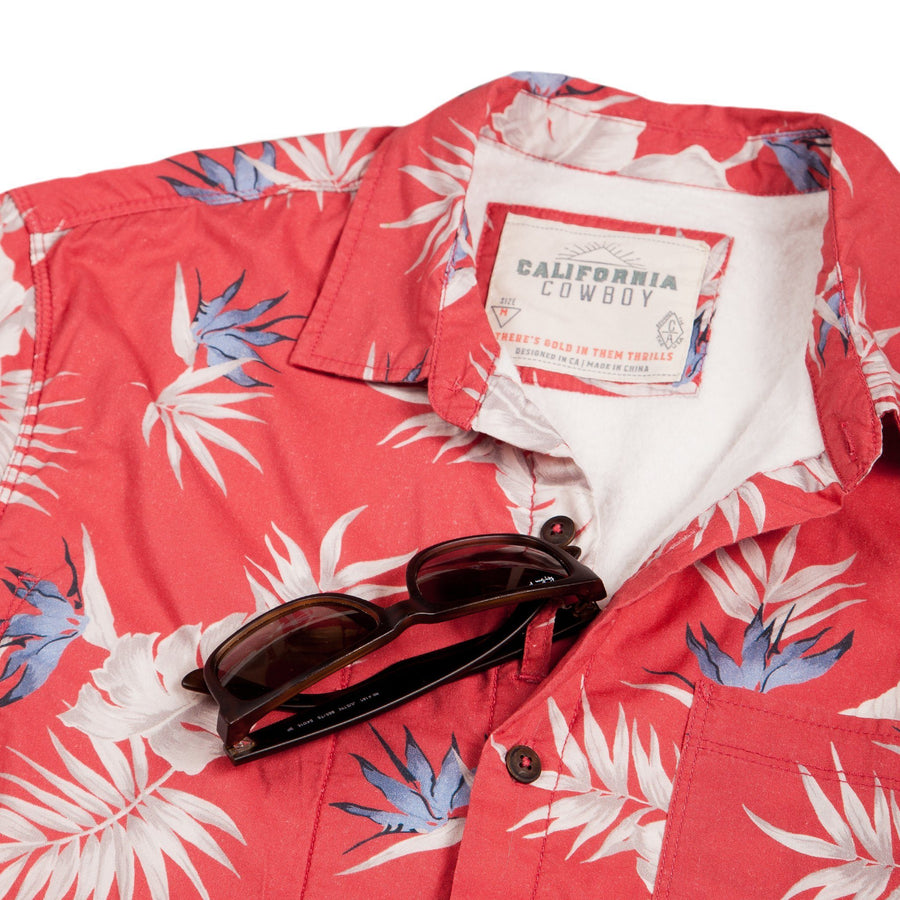 Men’s High Water Hawaiian Shirt With a Sunglass Loop - Bird of Paradise Sunset Red - California Cowboy