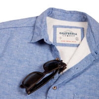 Men’s High Water Hawaiian Shirt With a Sunglass Loop - Chambray Neptune Blue - California Cowboy