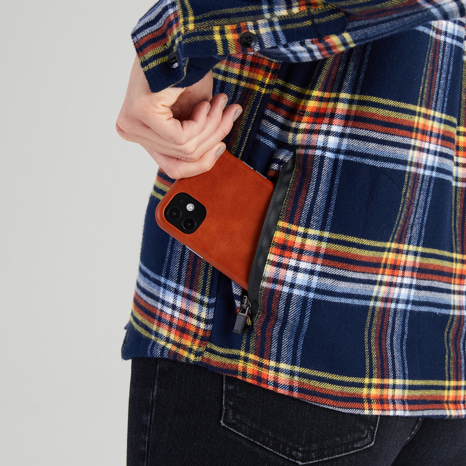 Women’s High Sierra Shirt With Hidden Phone Pocket - Model - Daffy Plaid - California Cowboy