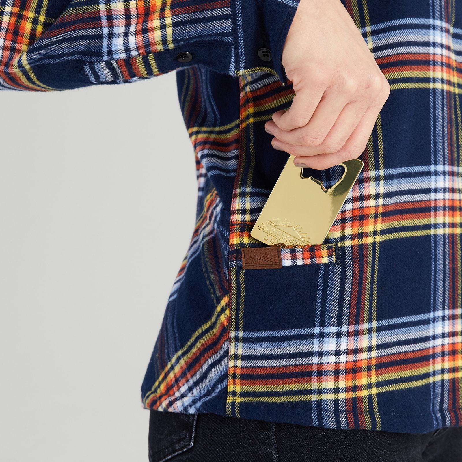 Women’s High Sierra Flannel Shirt With Bottle Opener - Model - Daffy Plaid - California Cowboy