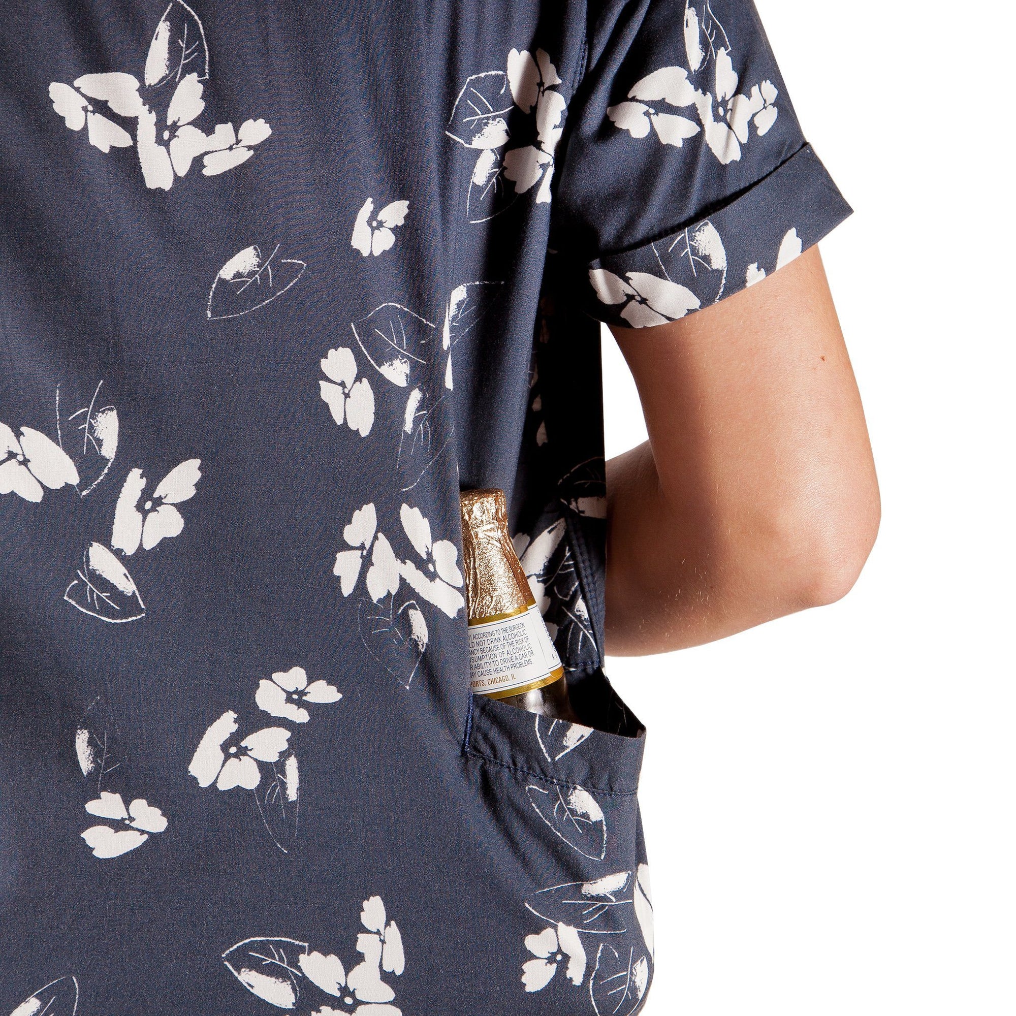 Women’s High Water Hawaiian Shirt With A Beer Pocket - Model - California Poppy Washed Navy - California Cowboy