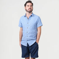 Men’s High Water Hawaiian Shirt - Chambray Neptune Blue - Front View - Model - California Cowboy