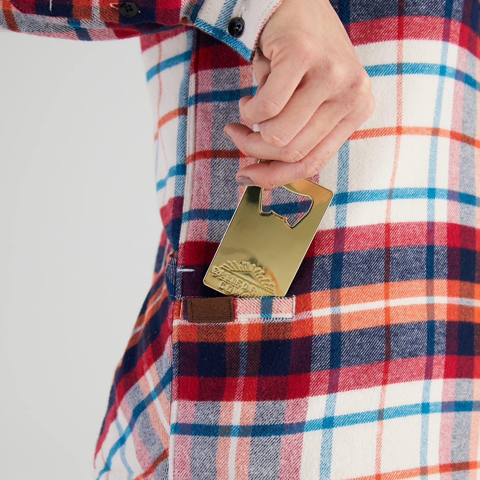 Women’s High Sierra Flannel Shirt With Bottle Opener - Model - Sonoma Plaid - California Cowboy